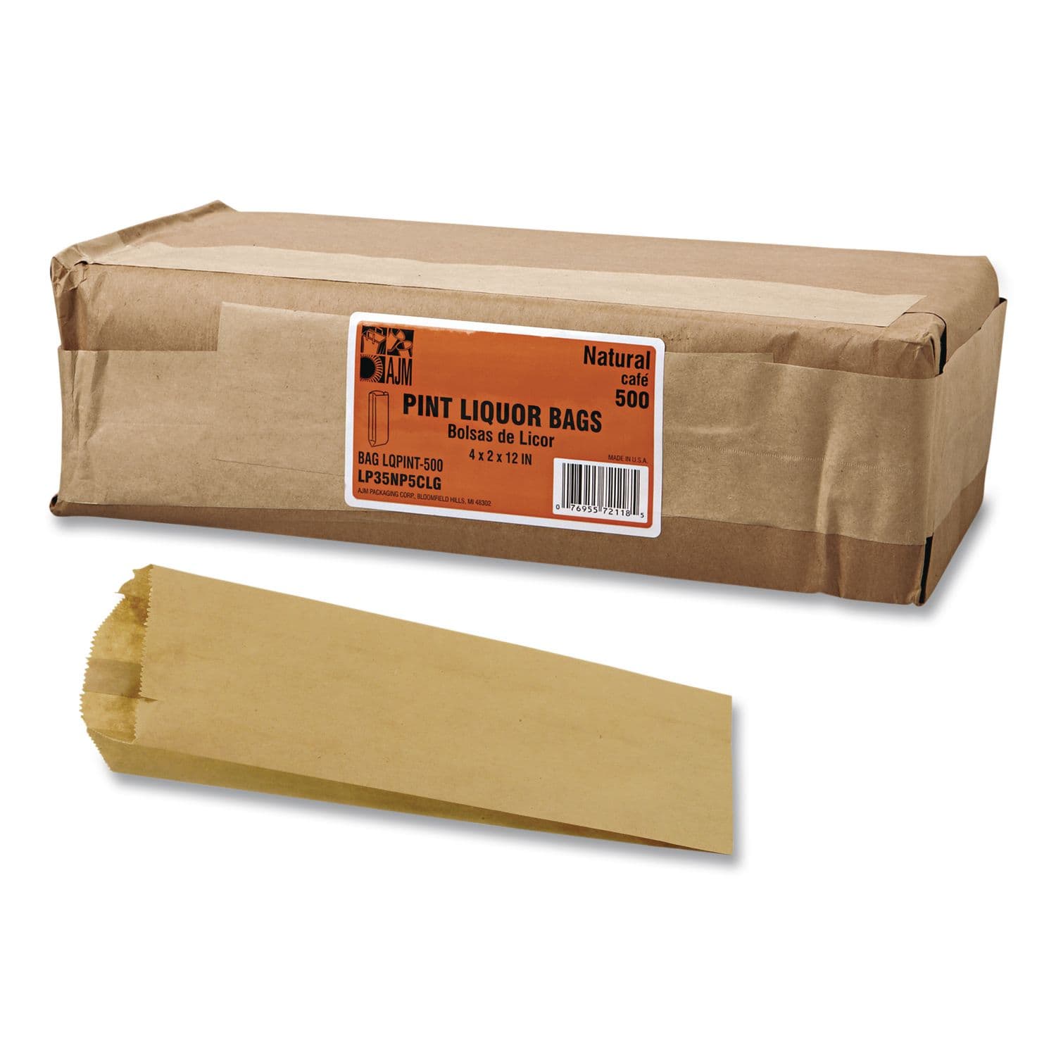 Grocery Paper Bags for Liquor Takeout, Pint Size, 35# Basis Weight, 3.75" x 2.25" x 11.25", Kraft, 500/Bundle