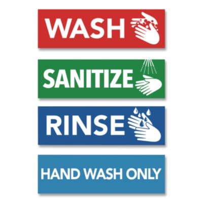 Wash, Rinse, Sanitize, Hand Wash Only Decals, 2.75 x 9", Assorted Colors, 4/Pack
