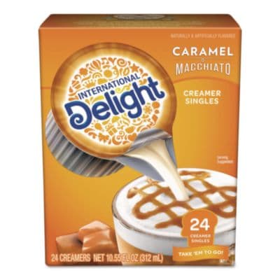 Flavored Liquid Non-Dairy Coffee Creamer, Caramel Macchiato, 0.5 oz Mini Cups, 24/Box